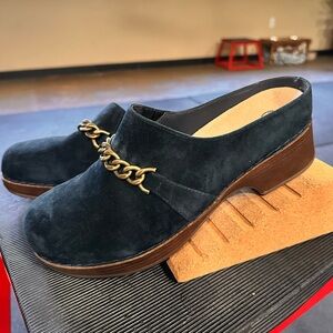 Bella Vita Navy Suede Mules with Gold Chain